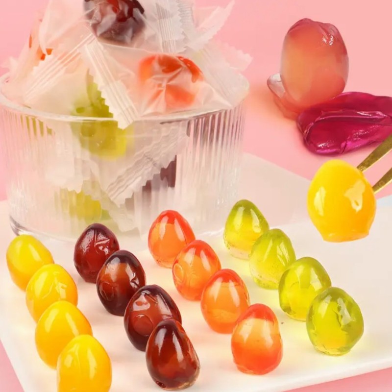 Wholesale Halal Sweet Fruit Flavor Mango/Peach/Lychee/Strawberry/Grapes/Banana Peeling Gummy Candy