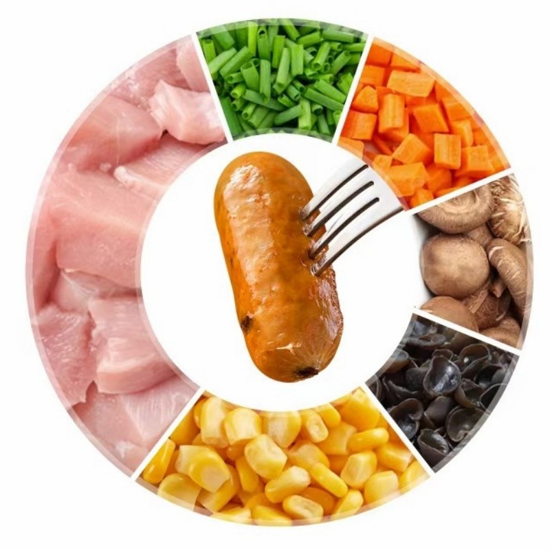 a Nutritionist Scientifically Combines a Balanced Mix of Meat and Vegetables with Chicken and Vegetables in Sausage Form.