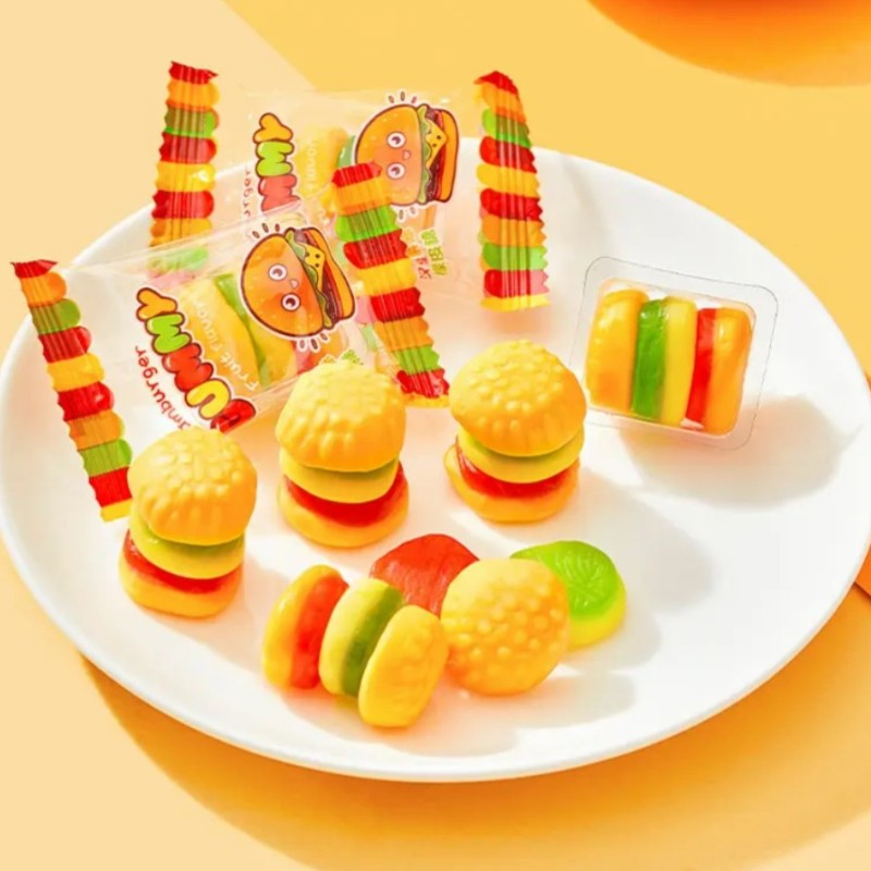 Best Selling Exotic Snack Food OEM Hamburger Shaped Gummy Candy