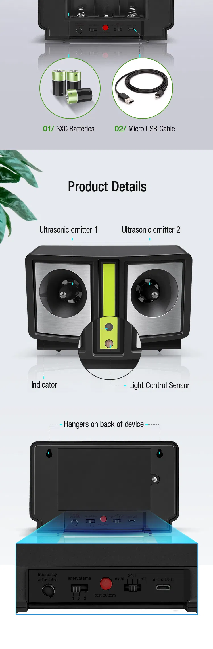 Indoor Livingroom Kitchen Dual Speakers Portable Electronic Ultrasonic Sensor Rodent Repellent Battery Pest Control Repeller for Mouse Rat Rodent Mosquito Fly