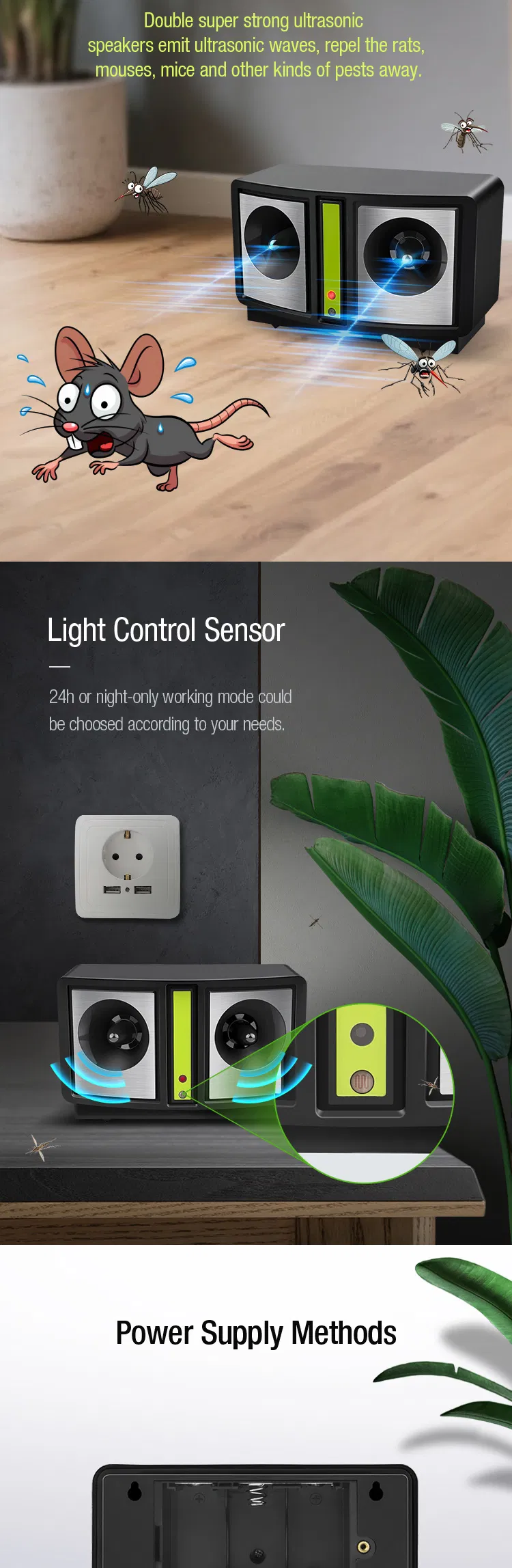 Indoor Livingroom Kitchen Dual Speakers Portable Electronic Ultrasonic Sensor Rodent Repellent Battery Pest Control Repeller for Mouse Rat Rodent Mosquito Fly