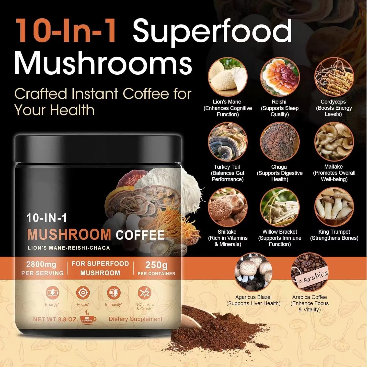 Wholesale OEM Mushroom 10 in 1 6 in 1 Arabica Coffee Blend Robusta Mushroom Coffee