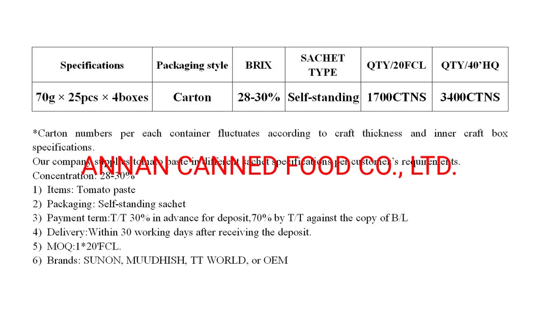 Sunon Brand Tomato Paste with 28-30% Concentrate in Self-Standing Pouch