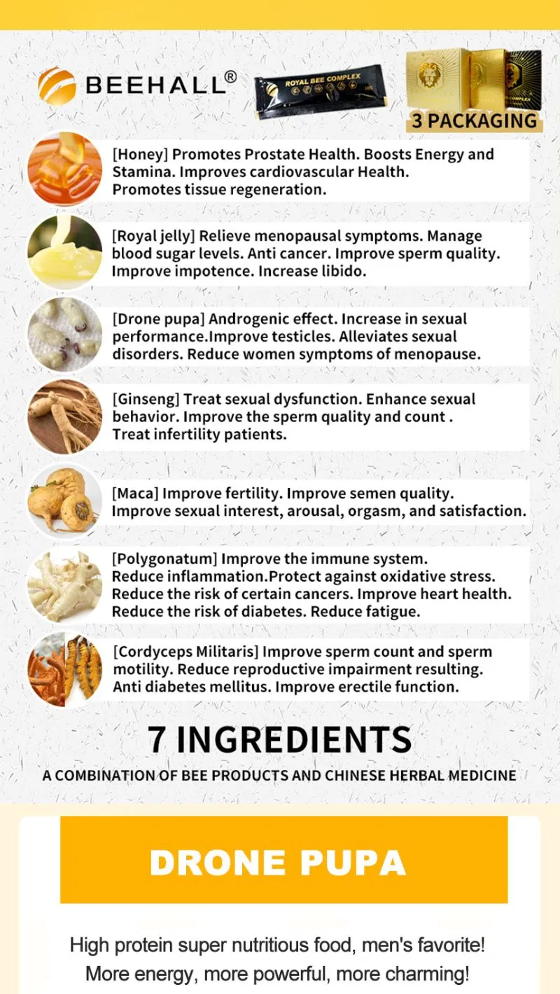 Beehall GMP HACCP Health Product Customized Bulk Royal Jelly Honey for Men Women