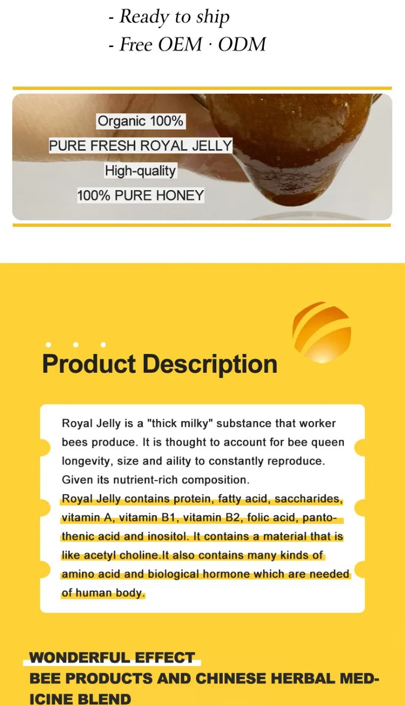 Beehall GMP HACCP Health Product Customized Bulk Royal Jelly Honey for Men Women