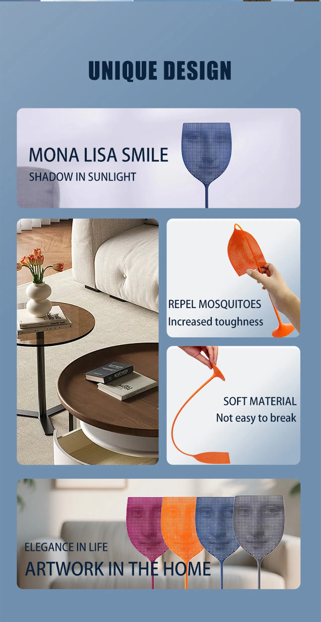 Wholesale Simple Durable Household Fly Swatter Lengthened Handle The Smile of Mona Lisa Fly Mosquito Shooter for Home